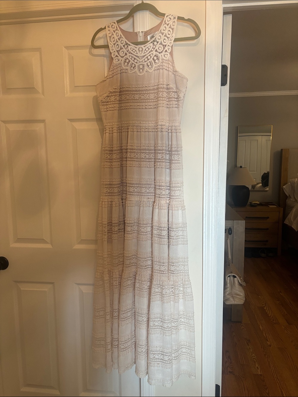 Eliza J Cream Lace Maxi Dress with Crochet Yoke